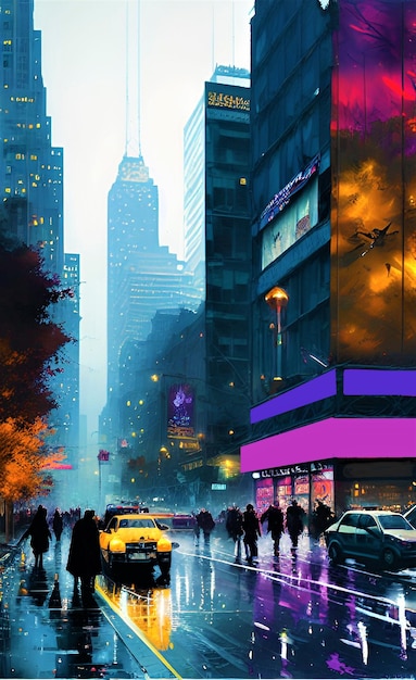 A painting of a building with a purple sign that says " new york ".