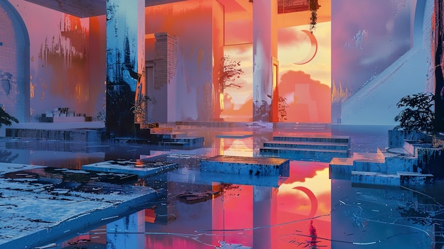 a painting of a building with a red and orange sunset