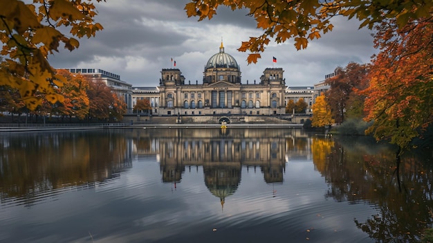 a painting of a building with the reflection of the building in the water