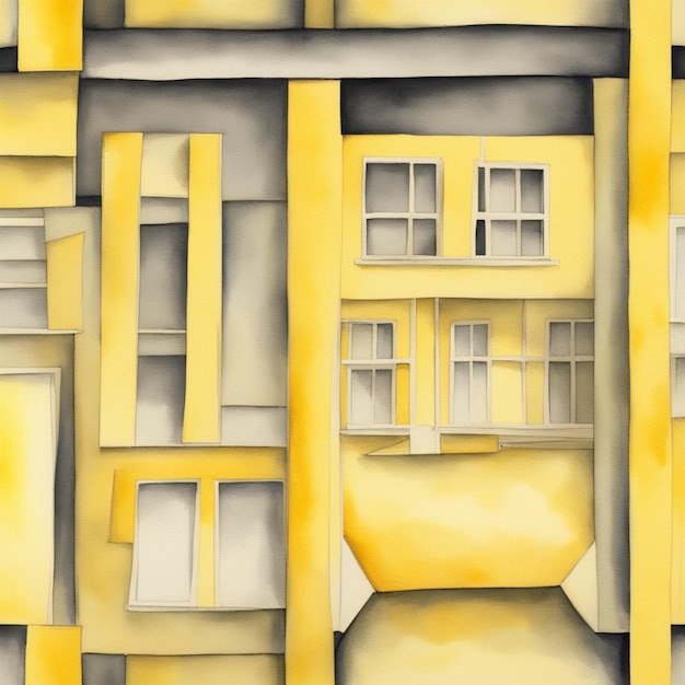 a painting of a building with a yellow facade