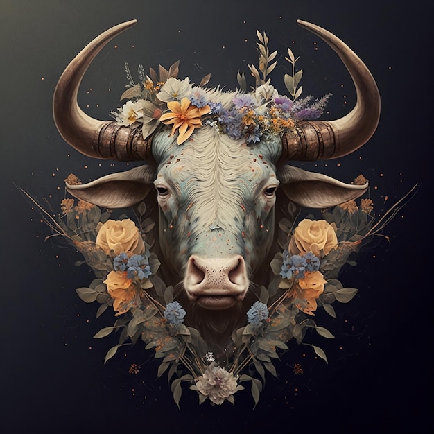 A painting of a bull with flowers on it