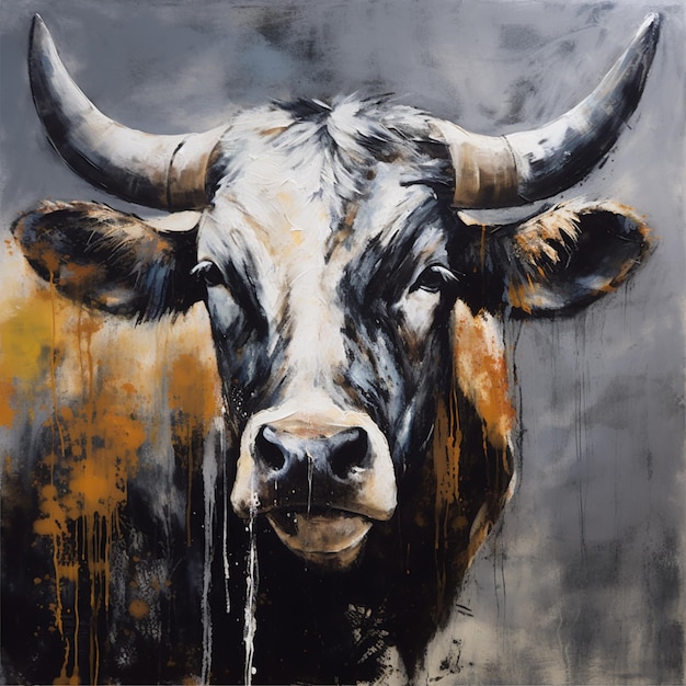 A painting of a bull with horns and a grey background.