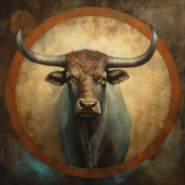 A painting of a bull with a round circle generative ai