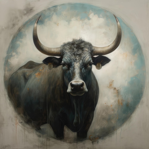 A painting of a bull with a round circle generative ai