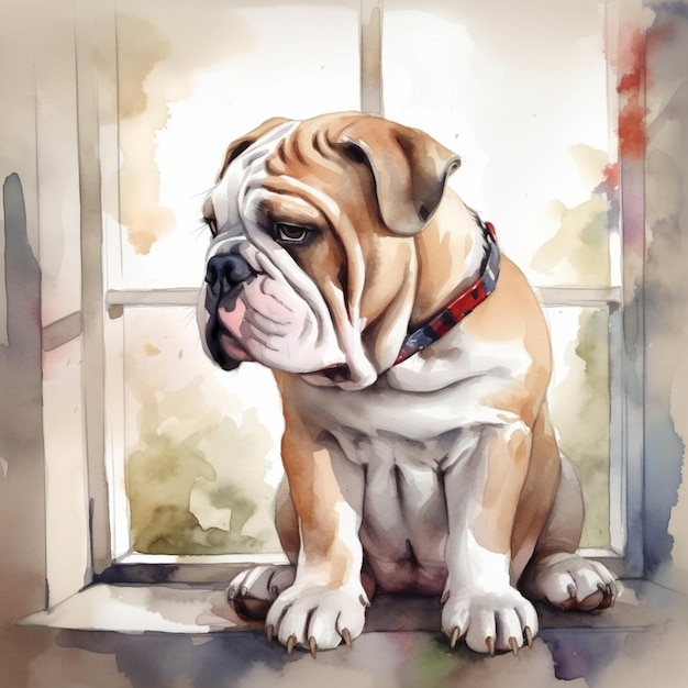 Painting of a bulldog sitting in front of a window with a red collar generative ai