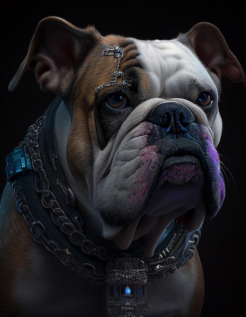 A painting of a bulldog with a chain around its neck