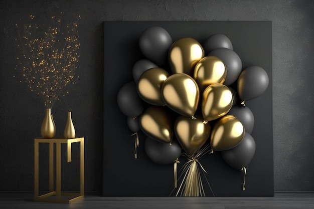 A painting of a bunch of balloons with gold and black and white lights.