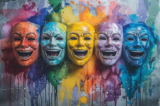 a painting of a bunch of clowns with their faces painted on it