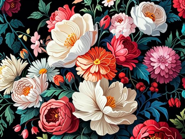 Painting a bunch of flowers on a black background 3d Illustration Ai Generated