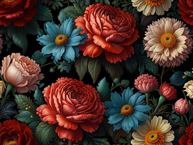 Painting a bunch of flowers on a black background 3d Illustration Ai Generated