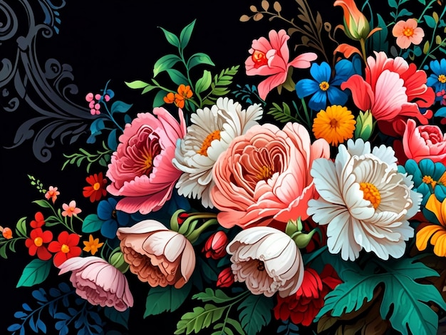 Painting a bunch of flowers on a black background 3d Illustration Ai Generated