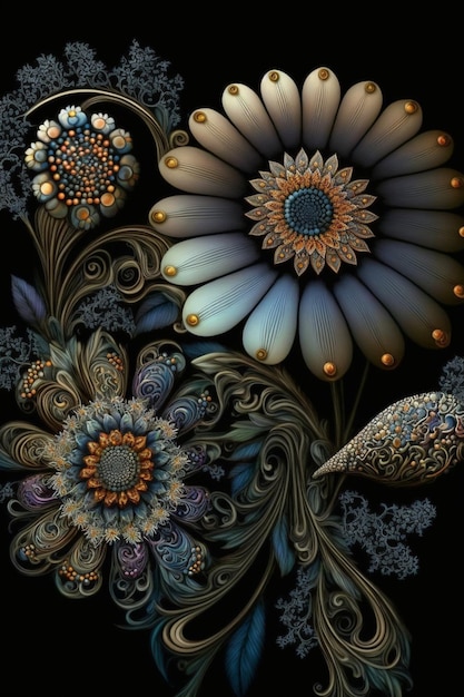 Painting of a bunch of flowers on a black background generative ai