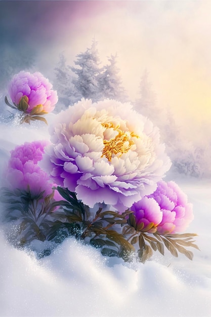 Painting of a bunch of flowers in the snow generative ai