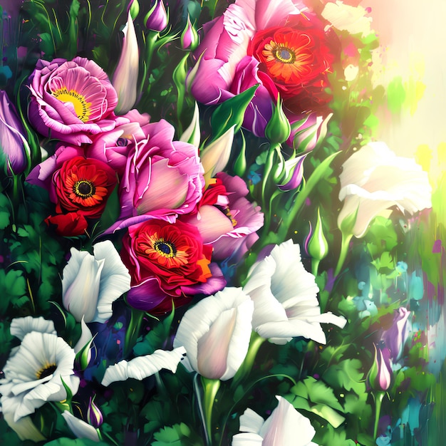 A painting of a bunch of flowers with one of them has a purple, pink, and white tulip.