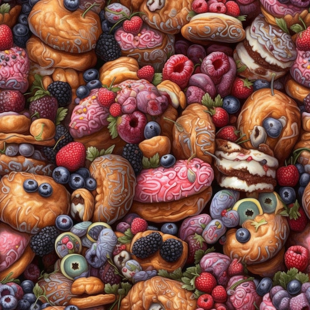 A painting of a bunch of food with the words " donuts " on it.