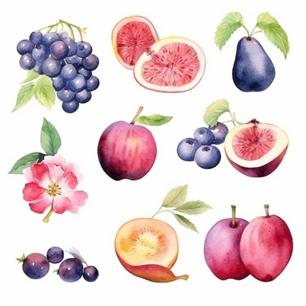 a painting of a bunch of fruit that are on a white surface generative ai