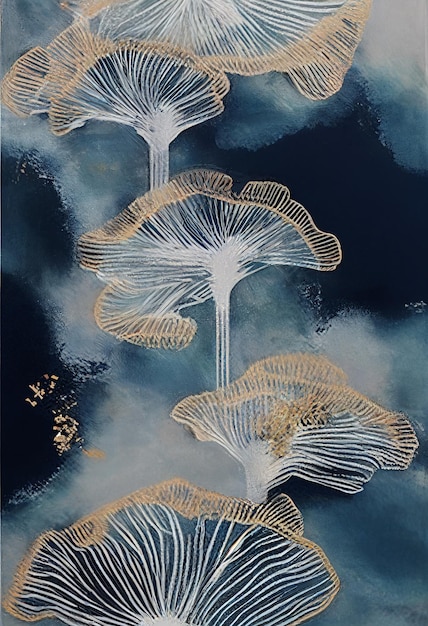 A painting of a bunch of mushrooms with gold leaves and the words'mushroom'on the bottom.