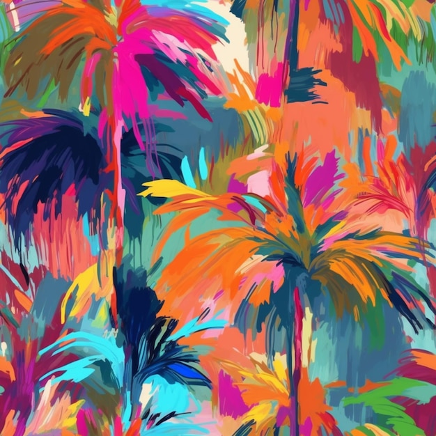 a painting of a bunch of palm trees with colorful leaves generative ai