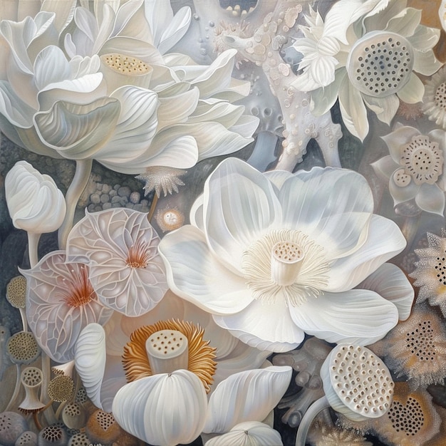 painting of a bunch of white flowers with a lot of petals generative ai