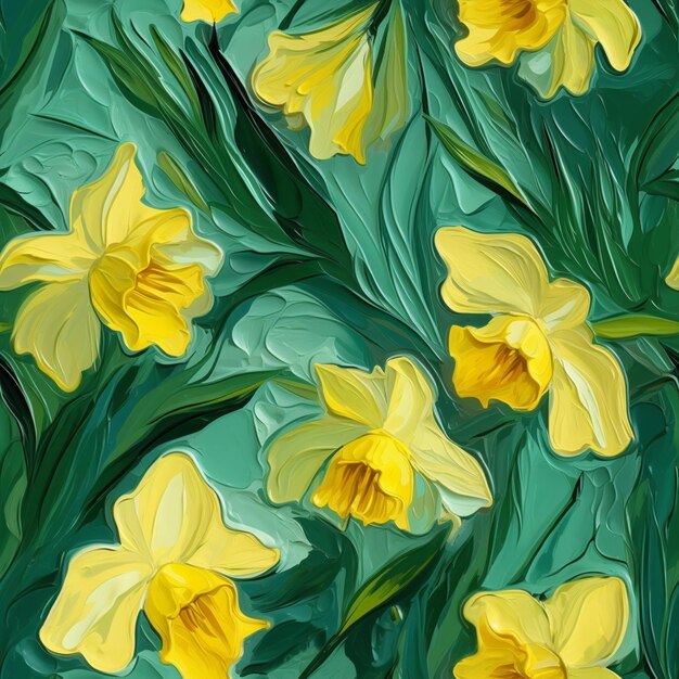 Painting of a bunch of yellow flowers on a green background generative ai