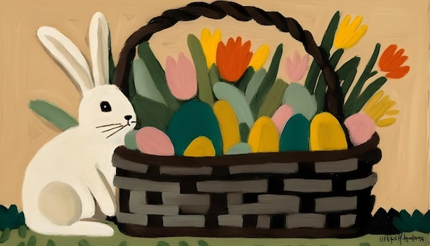 A painting of a bunny and a basket of easter eggs.