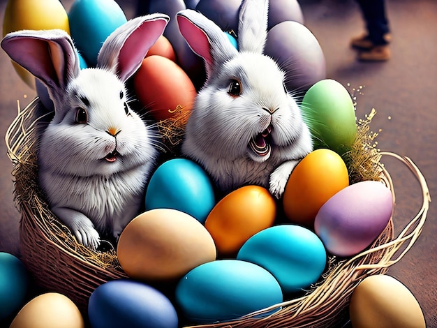 A painting of a bunny and a basket of eggs