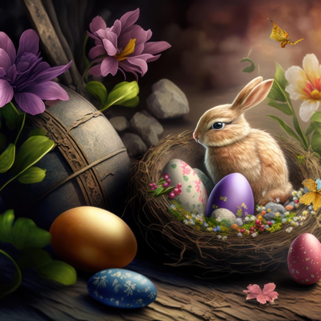 A painting of a bunny and eggs with flowers and a basket of flowers.