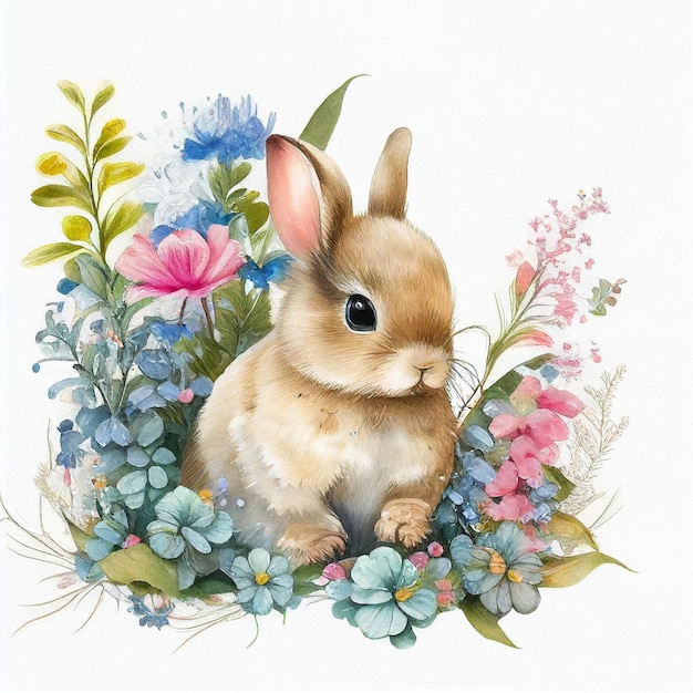 A painting of a bunny in a flowery garden