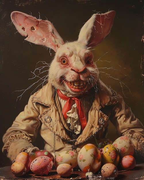 Photo a painting of a bunny holding a bunch of eggs