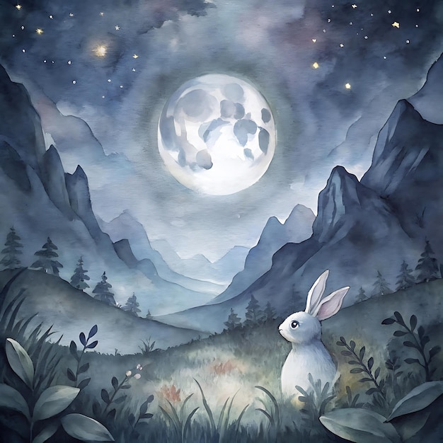 Photo a painting of a bunny and the moon in the sky