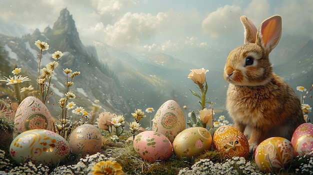 a painting of a bunny rabbit with eggs and flowers