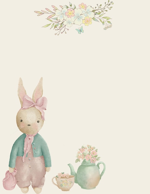 a painting of a bunny and a teapot