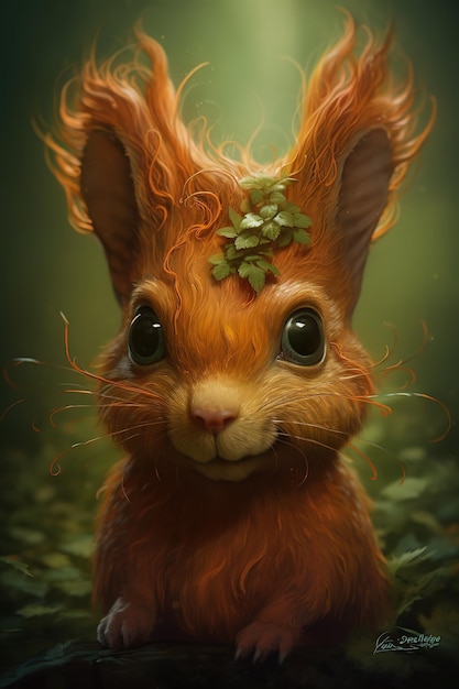 A painting of a bunny with a green leaf on its head.