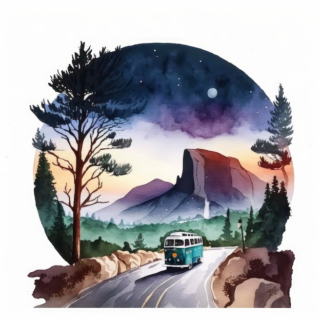 A painting of a bus on a road with a mountain in the background.