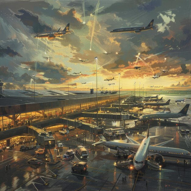 A painting of a busy airport with many airplanes and people