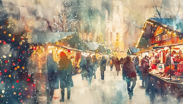 Photo a painting of a busy christmas market with people walking around