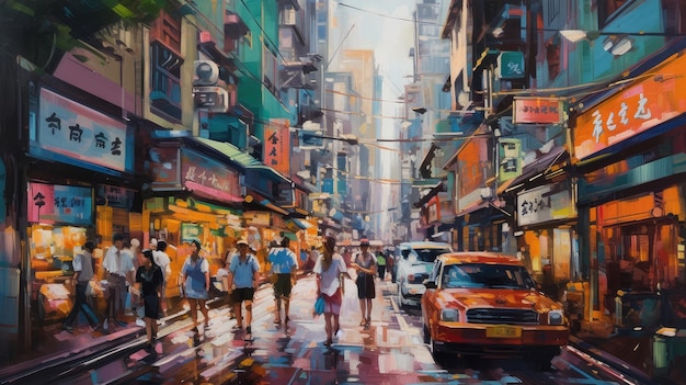 A painting of a busy street with people walking on it.