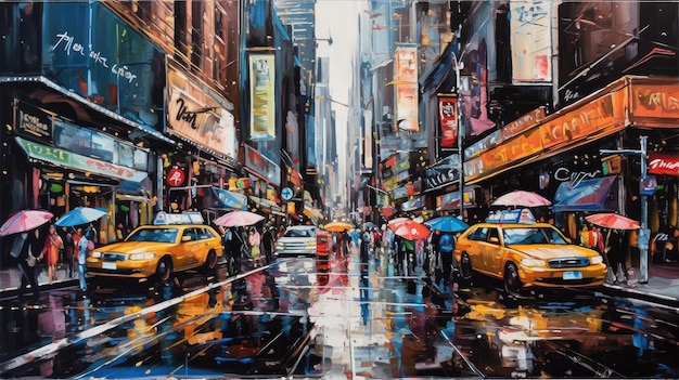 A painting of a busy street with yellow taxis and a sign that says nyc.