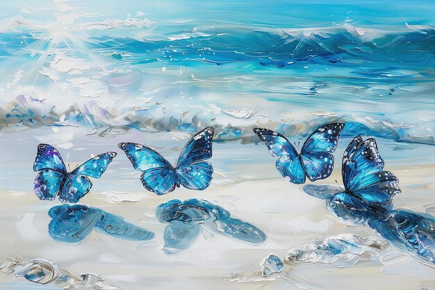 a painting of butterflies on a beach with the water in the background