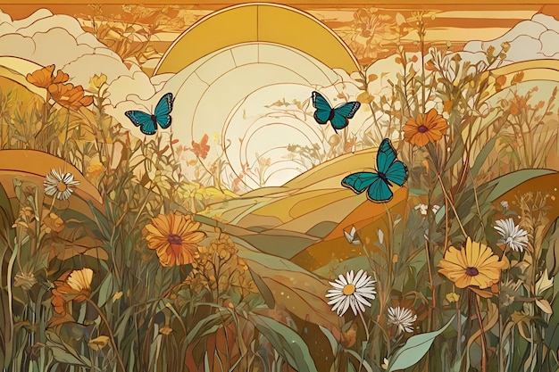 a painting of butterflies in a field with a sun in the background