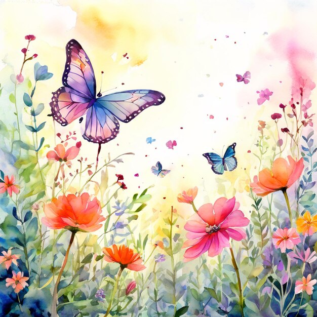 a painting of butterflies and flowers with butterflies in the background