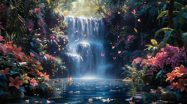 a painting of butterflies in front of a waterfall with butterflies