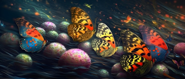 A painting of butterflies with colorful eggs in the background.