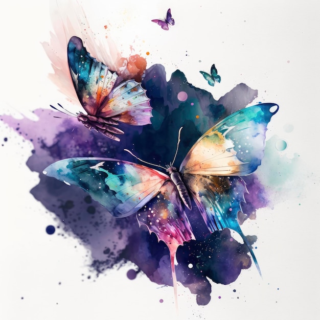 A painting of butterflies with purple and blue colors.