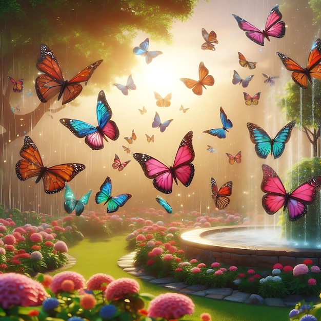 a painting of butterflies with the sun behind them