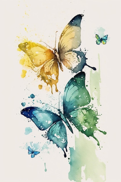 A painting of butterflies with yellow and green colors.