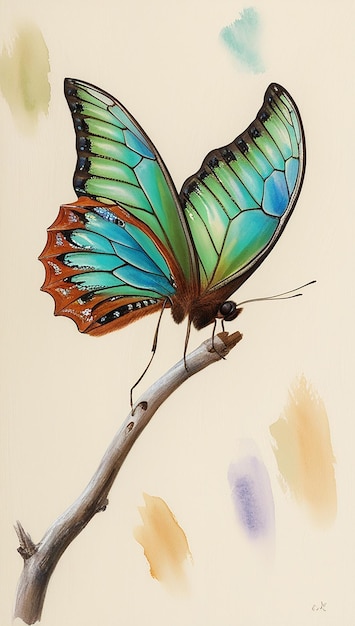 Photo a painting of a butterfly on a branch