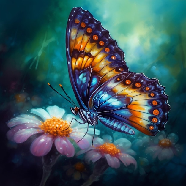 painting of a butterfly on a flower with a green background generative ai