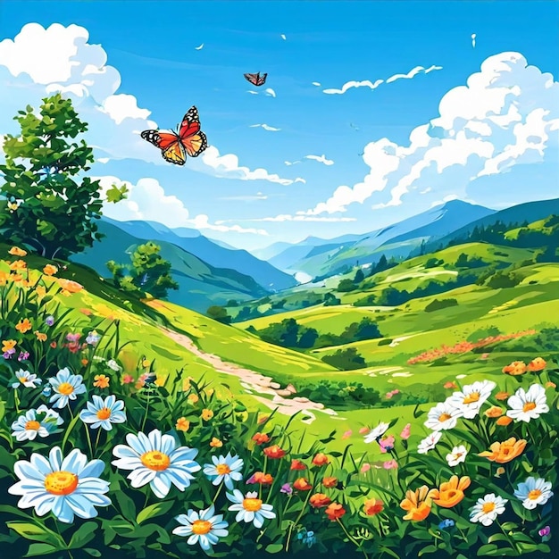 a painting of a butterfly and flowers on a mountain