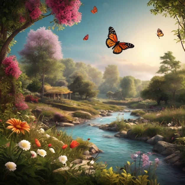 a painting of a butterfly and flowers with a stream in the background